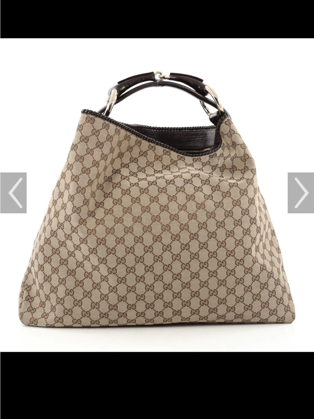GG Brown Beige Canvas Large Horsebit Hobo Tote